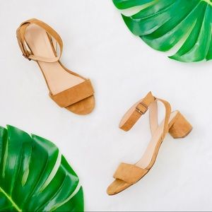 J Crew low block heel two piece tan suede sandals